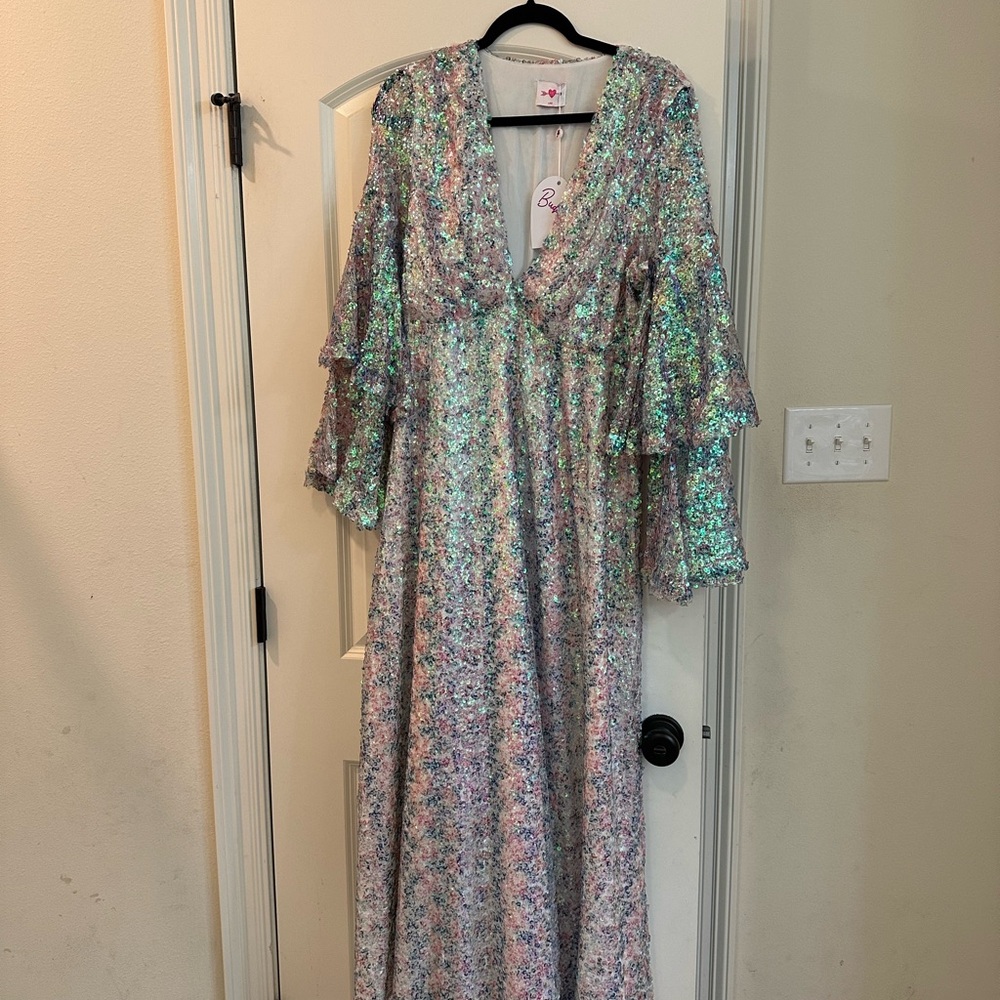 Sequin V-Neck Gown with Flared Sleeves